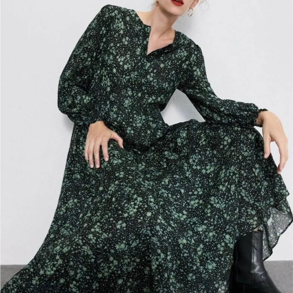 Zara Blk Maxi Dress Green Floral Print Sz S